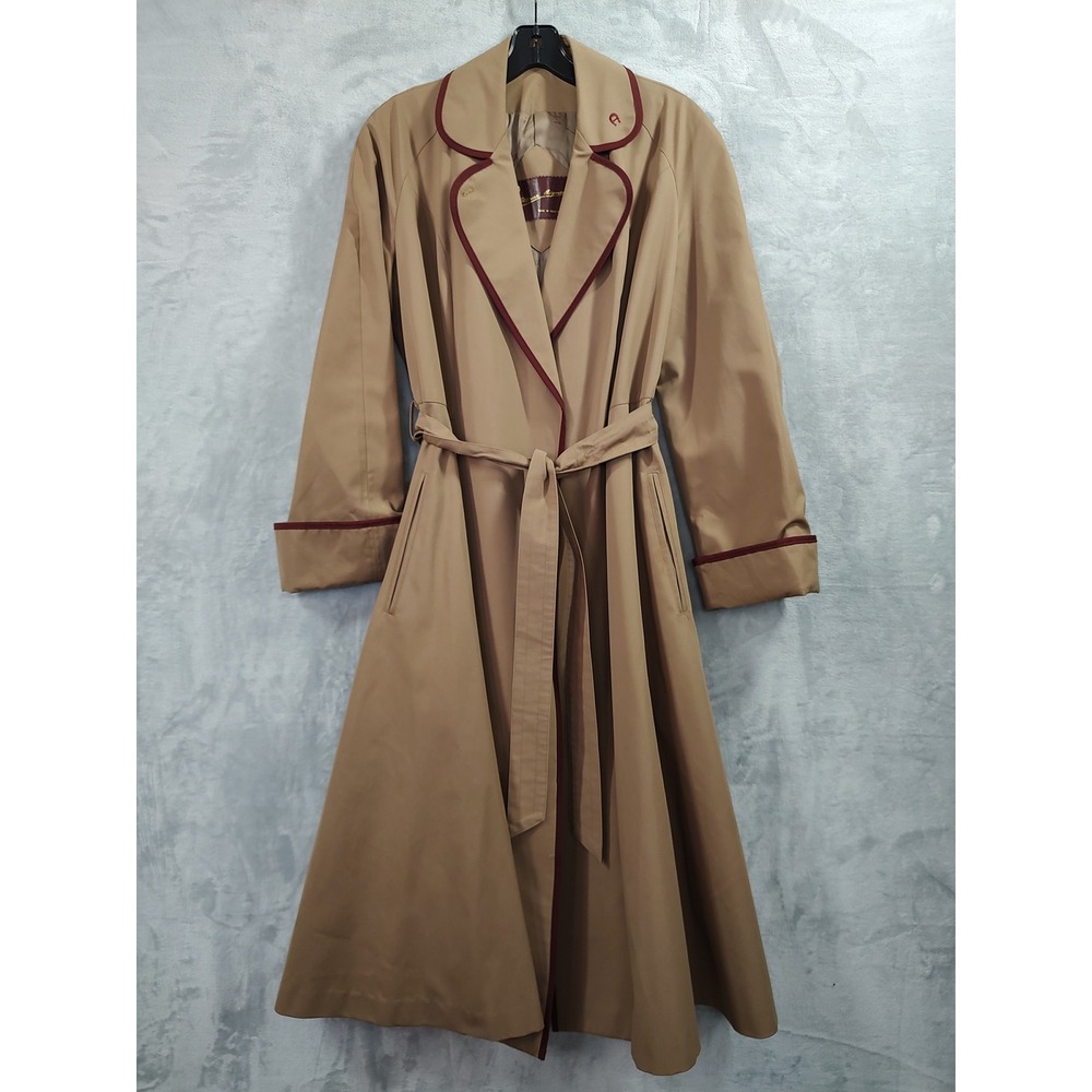 Etienne Aigner Vintage Tan Trench Coat Burgundy Piping Belted Maxi Size 8